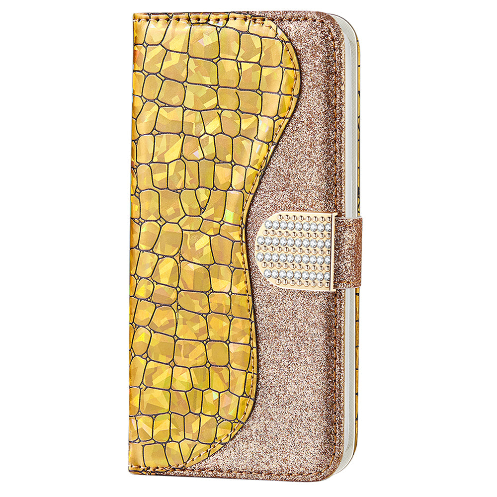 Crocodile Texture Glittery Powder Splicing Leather Wallet Case for iPhone 13 Pro Max 6.7 inch