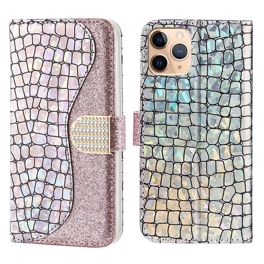 Crocodile Texture Glittery Powder Splicing Leather Wallet Case for iPhone 13 Pro Max 6.7 inch