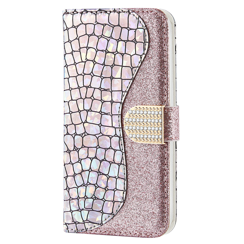 Crocodile Texture Glittery Powder Splicing Leather Wallet Case for iPhone 13 Pro Max 6.7 inch