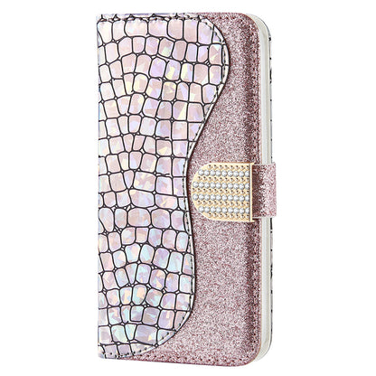 Crocodile Texture Glittery Powder Splicing Leather Wallet Case for iPhone 13 Pro Max 6.7 inch