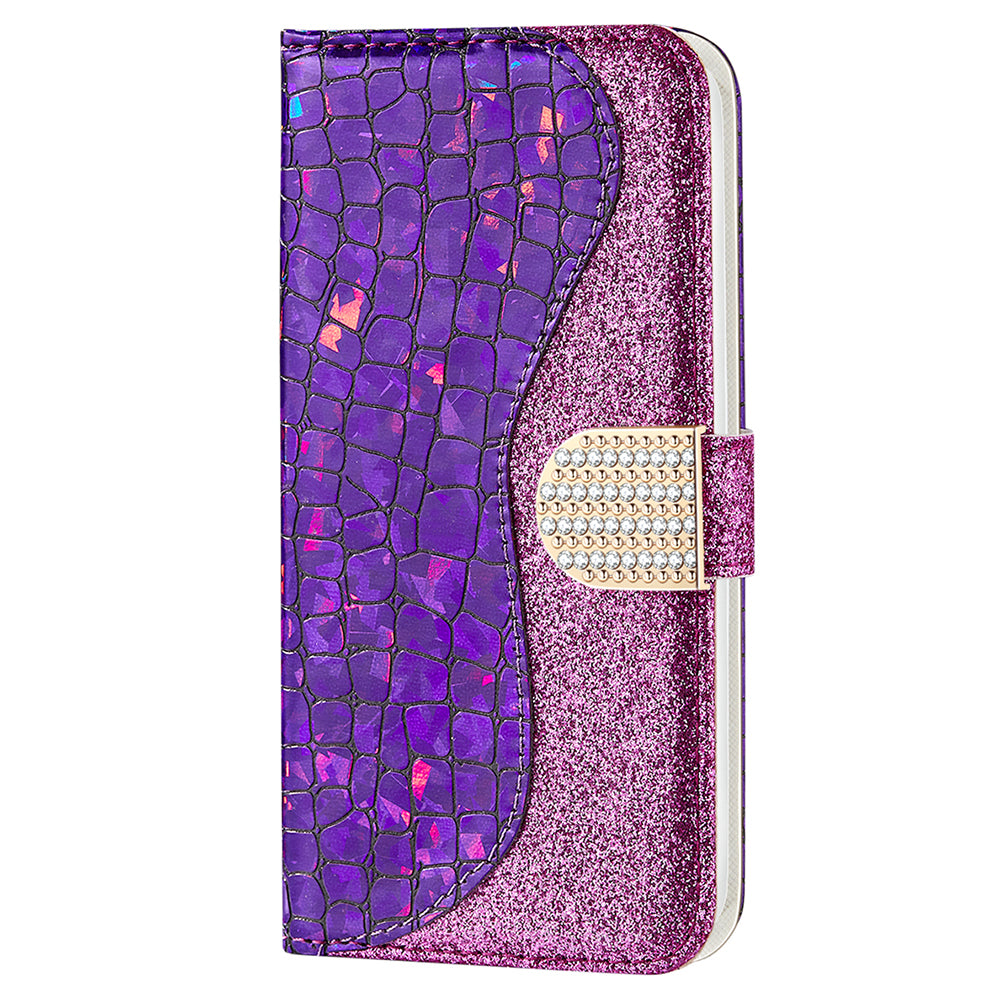 Crocodile Texture Glittery Powder Splicing Leather Wallet Case for iPhone 13 Pro Max 6.7 inch