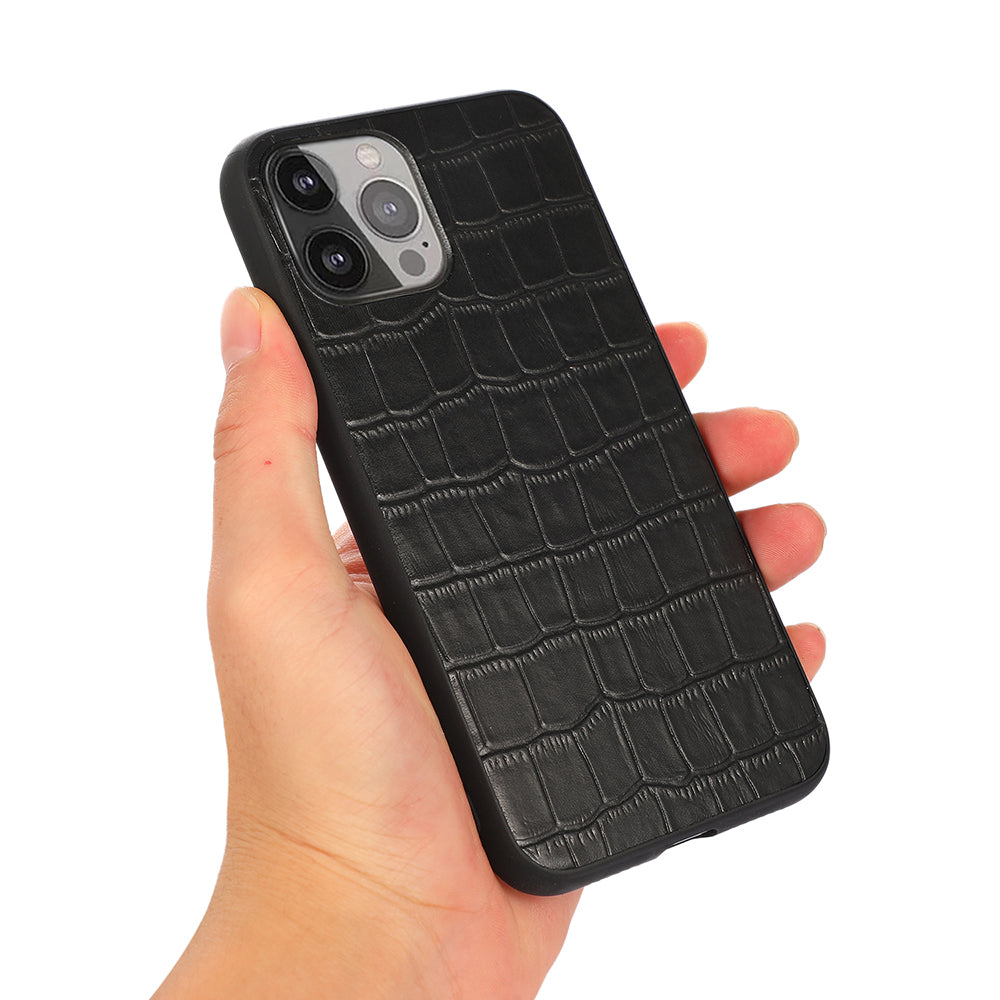 Crocodile Skin Scratch-proof Genuine Leather Coated PC + TPU Combo Phone Back Case for iPhone 13 Pro Max 6.7 inch