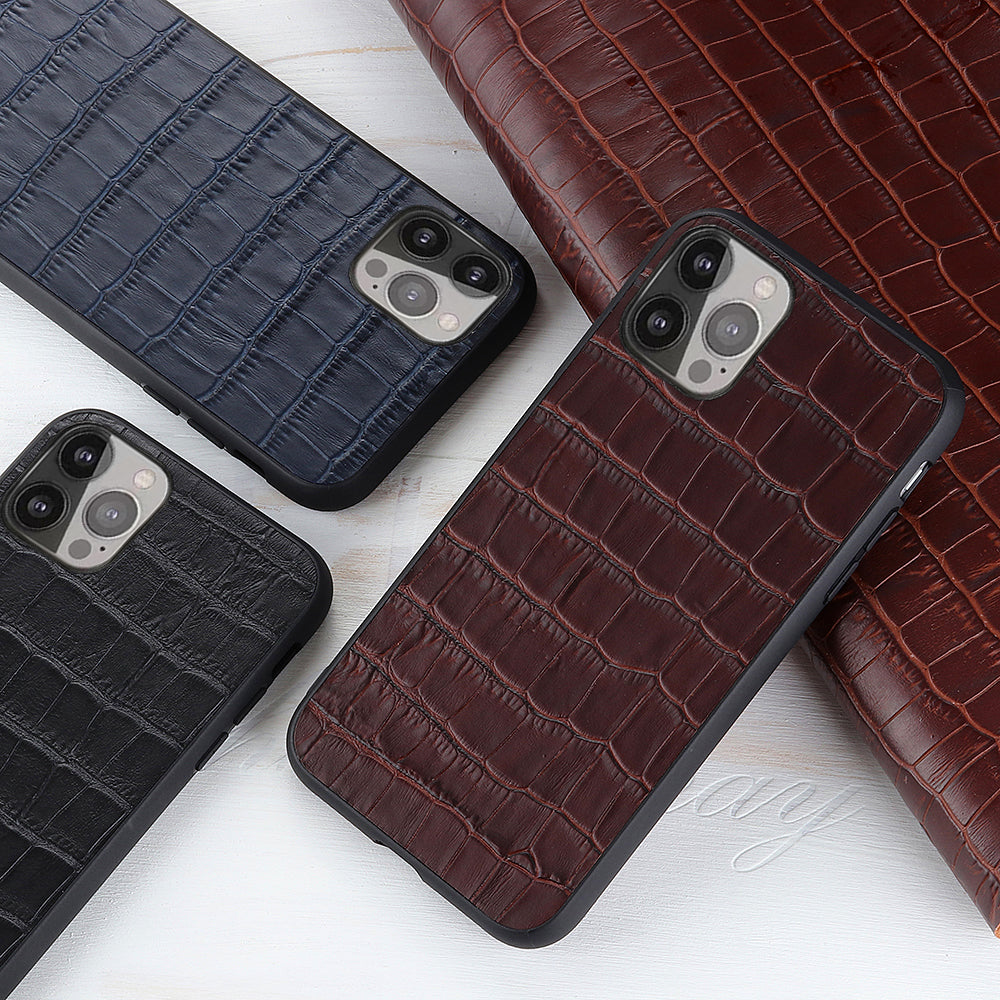 Crocodile Skin Scratch-proof Genuine Leather Coated PC + TPU Combo Phone Back Case for iPhone 13 Pro Max 6.7 inch