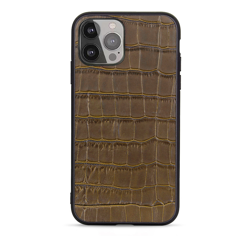 Crocodile Skin Scratch-proof Genuine Leather Coated PC + TPU Combo Phone Back Case for iPhone 13 Pro Max 6.7 inch