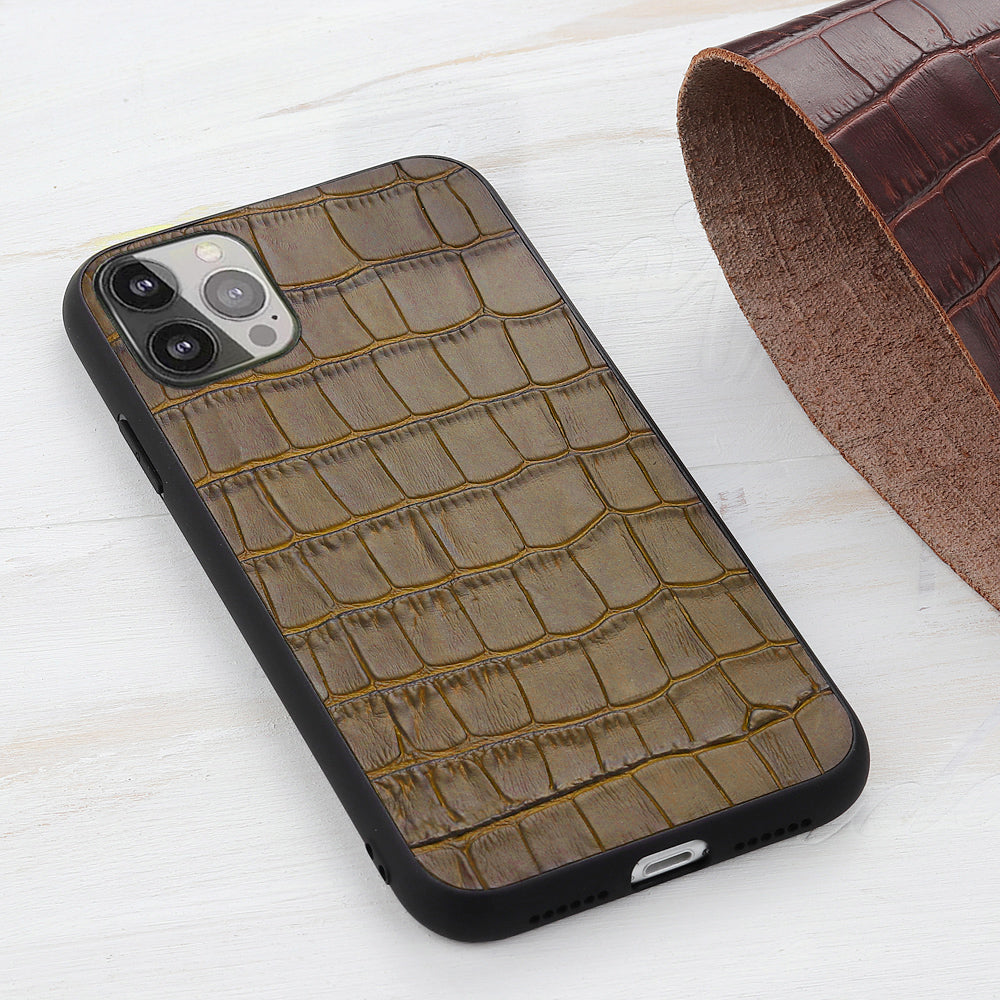 Crocodile Skin Scratch-proof Genuine Leather Coated PC + TPU Combo Phone Back Case for iPhone 13 Pro Max 6.7 inch
