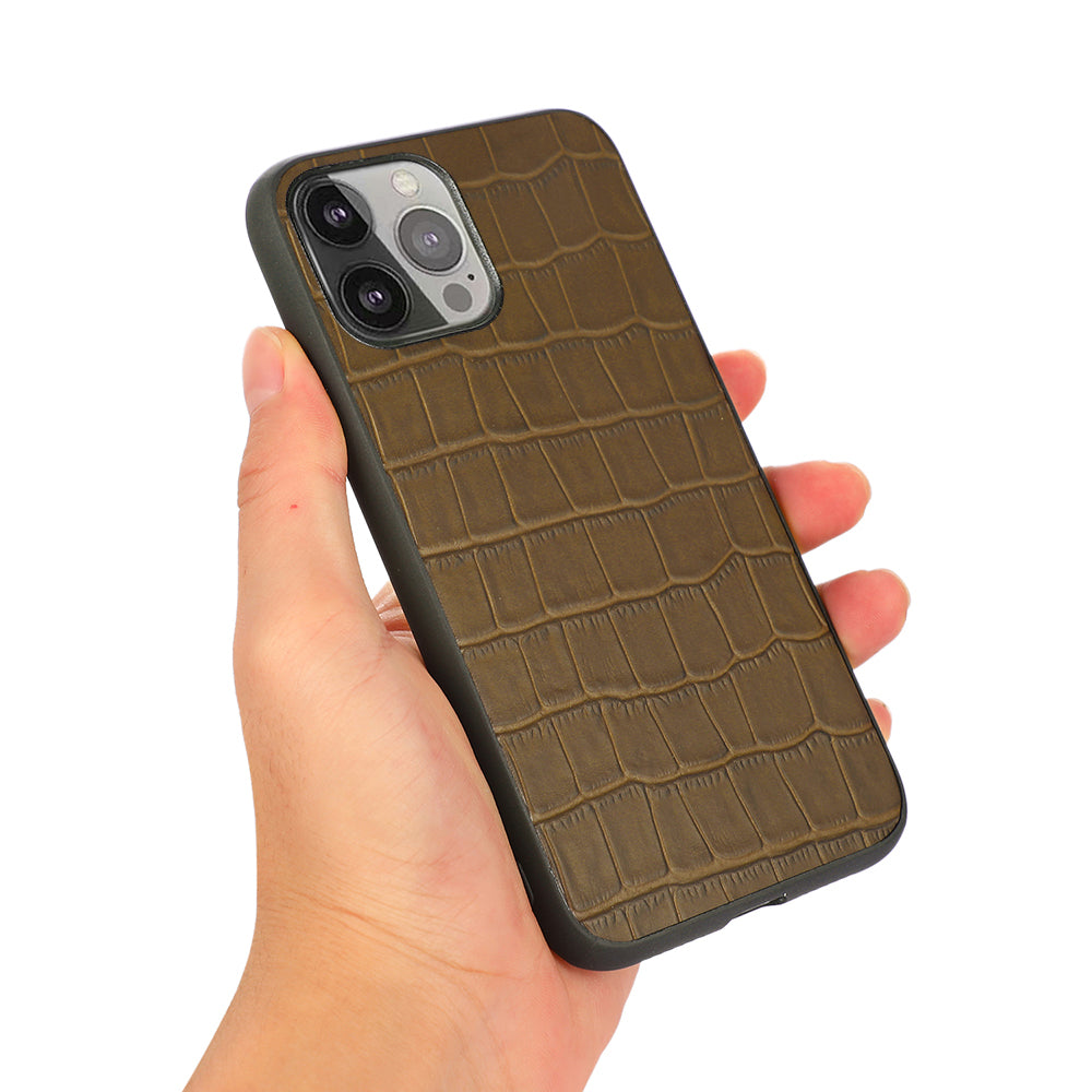 Crocodile Skin Scratch-proof Genuine Leather Coated PC + TPU Combo Phone Back Case for iPhone 13 Pro Max 6.7 inch