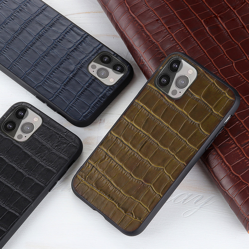 Crocodile Skin Scratch-proof Genuine Leather Coated PC + TPU Combo Phone Back Case for iPhone 13 Pro Max 6.7 inch