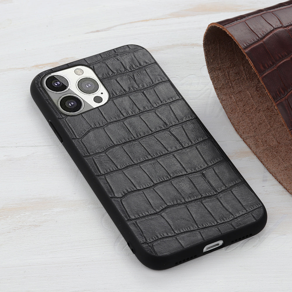 Crocodile Skin Anti-fall Genuine Leather Coated PC + TPU Combo Phone Back Case for iPhone 13 Pro 6.1 inch