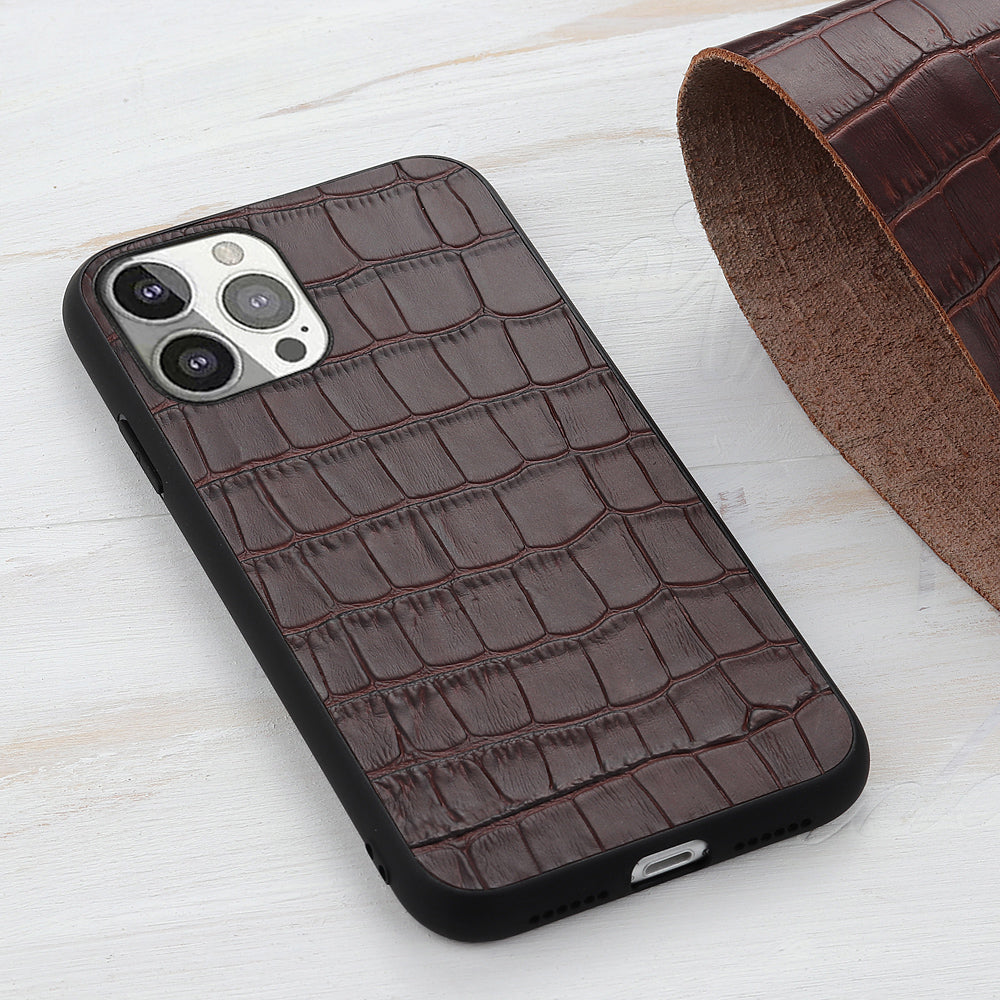 Crocodile Skin Anti-fall Genuine Leather Coated PC + TPU Combo Phone Back Case for iPhone 13 Pro 6.1 inch