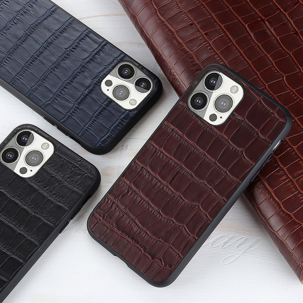 Crocodile Skin Anti-fall Genuine Leather Coated PC + TPU Combo Phone Back Case for iPhone 13 Pro 6.1 inch