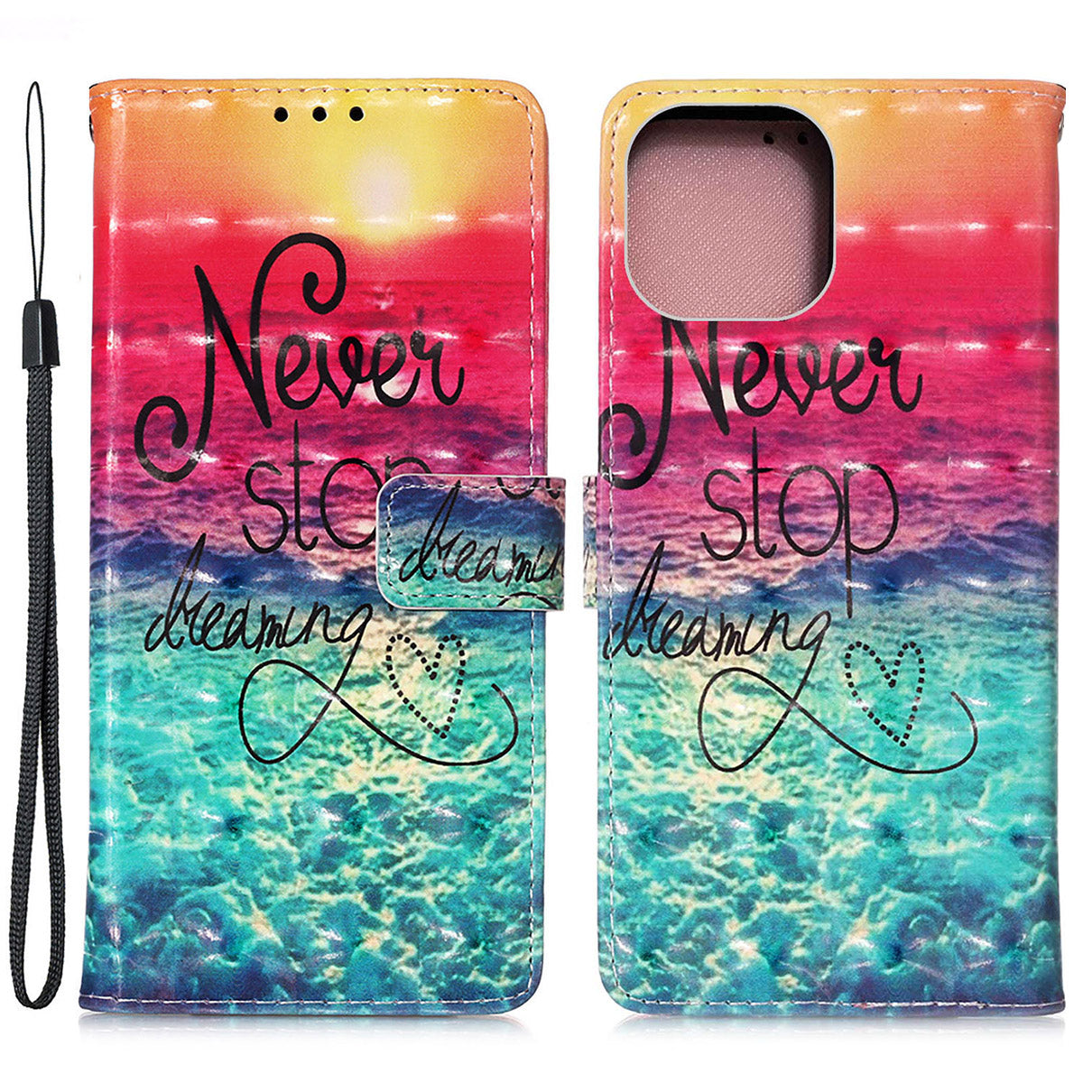 3D Fashion Pattern Printing PU Leather Shockproof Flip Magnetic Wallet Case with Strap for iPhone 13 Pro 6.1 inch