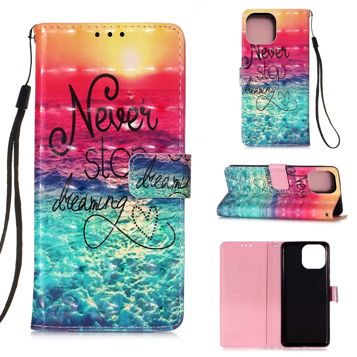 3D Fashion Pattern Printing PU Leather Shockproof Flip Magnetic Wallet Case with Strap for iPhone 13 Pro 6.1 inch