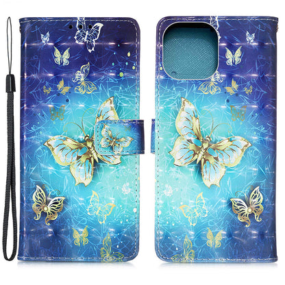 3D Fashion Pattern Printing PU Leather Shockproof Flip Magnetic Wallet Case with Strap for iPhone 13 Pro 6.1 inch