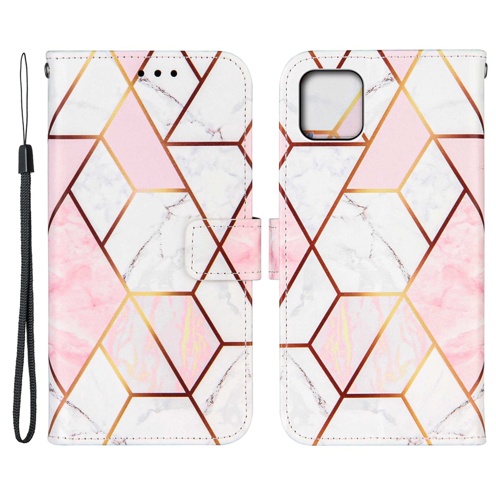 PU Leather Wallet Splicing Marble Pattern Case Flip Cover with Magnetic Wrist Strap for iPhone 13 Pro 6.1 inch