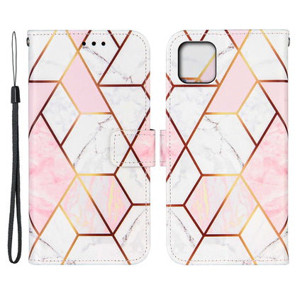 PU Leather Wallet Splicing Marble Pattern Case Flip Cover with Magnetic Wrist Strap for iPhone 13 Pro 6.1 inch