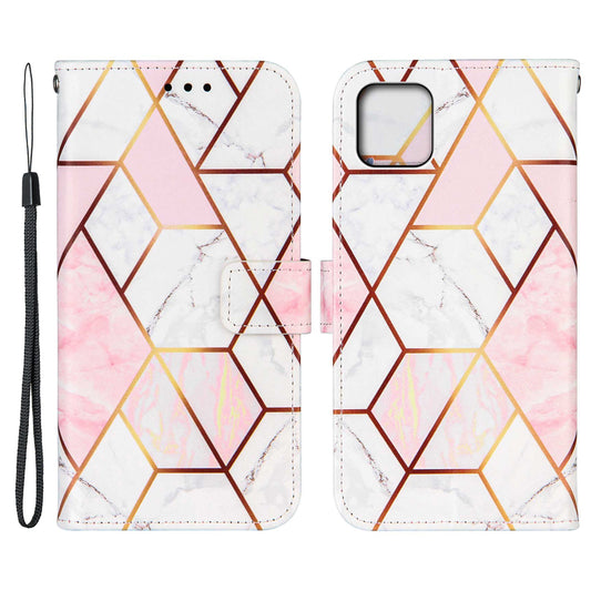 PU Leather Wallet Splicing Marble Pattern Case Flip Cover with Magnetic Wrist Strap for iPhone 13 Pro 6.1 inch