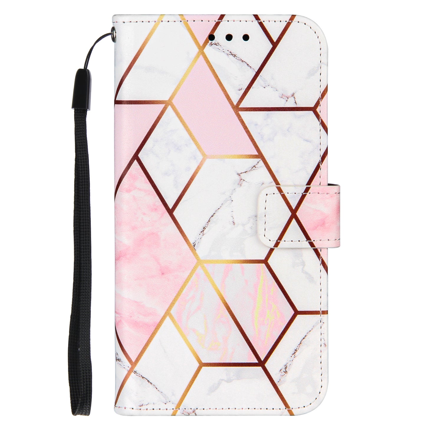 PU Leather Wallet Splicing Marble Pattern Case Flip Cover with Magnetic Wrist Strap for iPhone 13 Pro 6.1 inch
