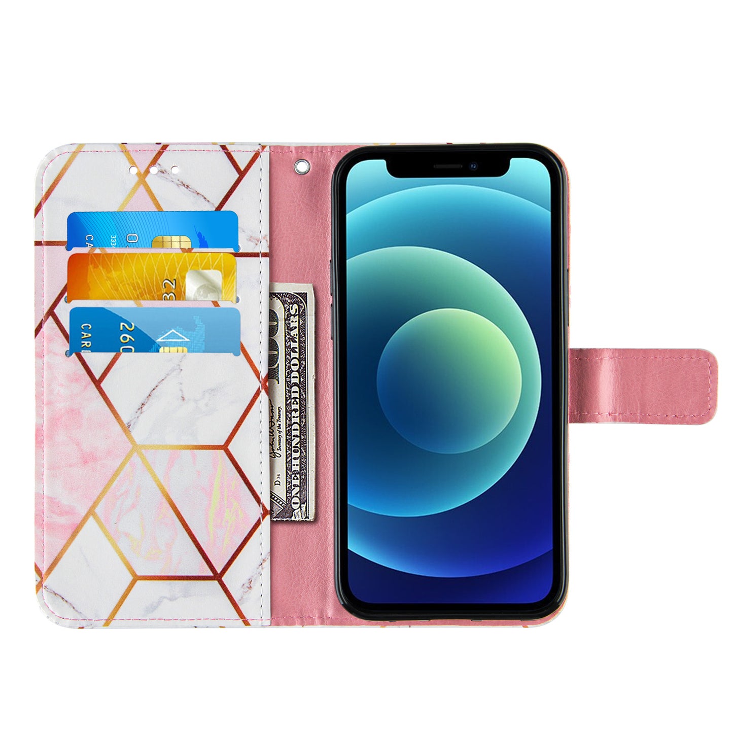 PU Leather Wallet Splicing Marble Pattern Case Flip Cover with Magnetic Wrist Strap for iPhone 13 Pro 6.1 inch