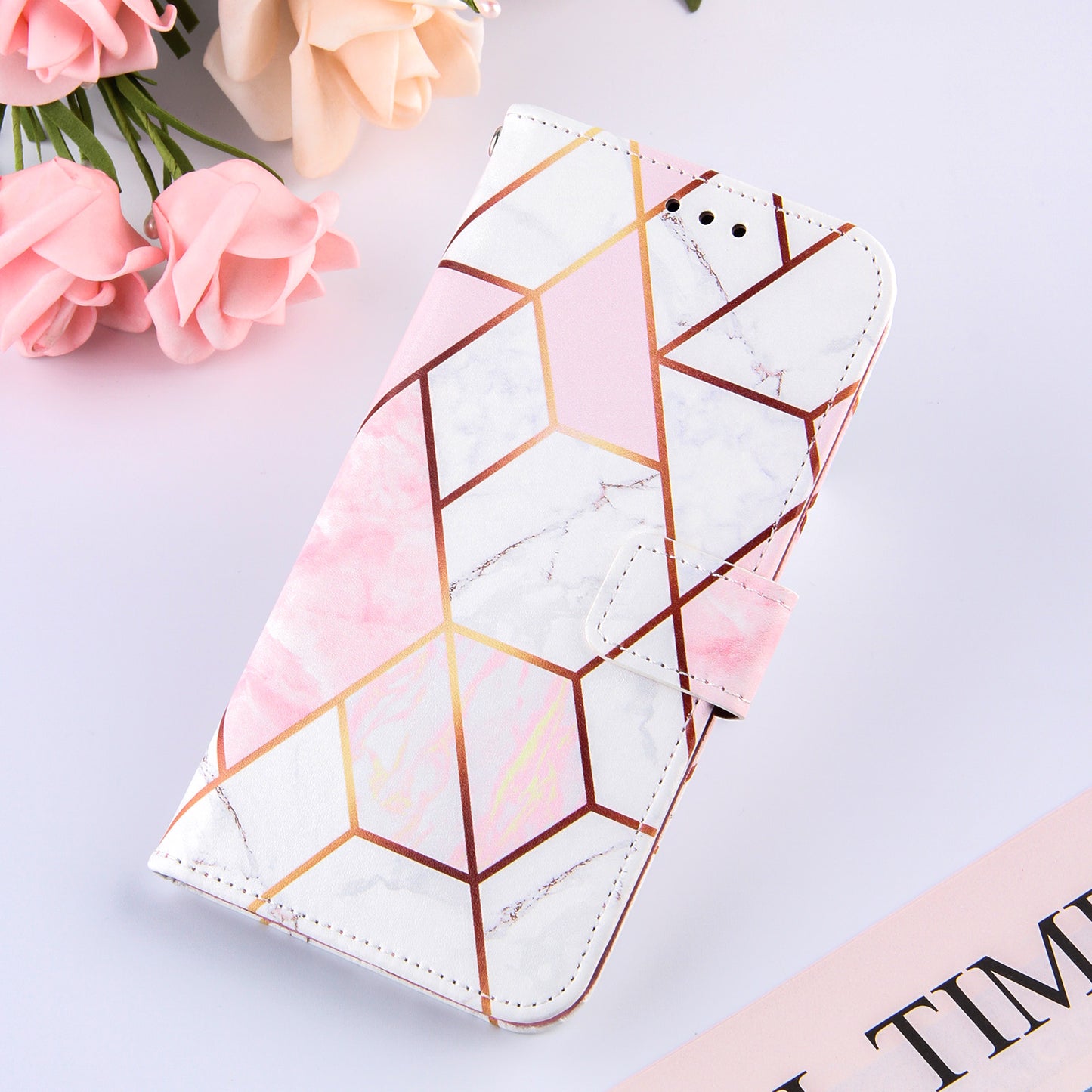 PU Leather Wallet Splicing Marble Pattern Case Flip Cover with Magnetic Wrist Strap for iPhone 13 Pro 6.1 inch