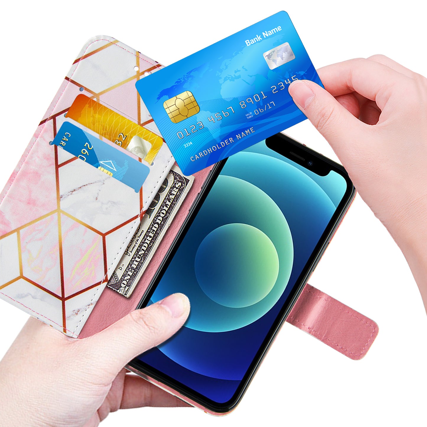 PU Leather Wallet Splicing Marble Pattern Case Flip Cover with Magnetic Wrist Strap for iPhone 13 Pro 6.1 inch