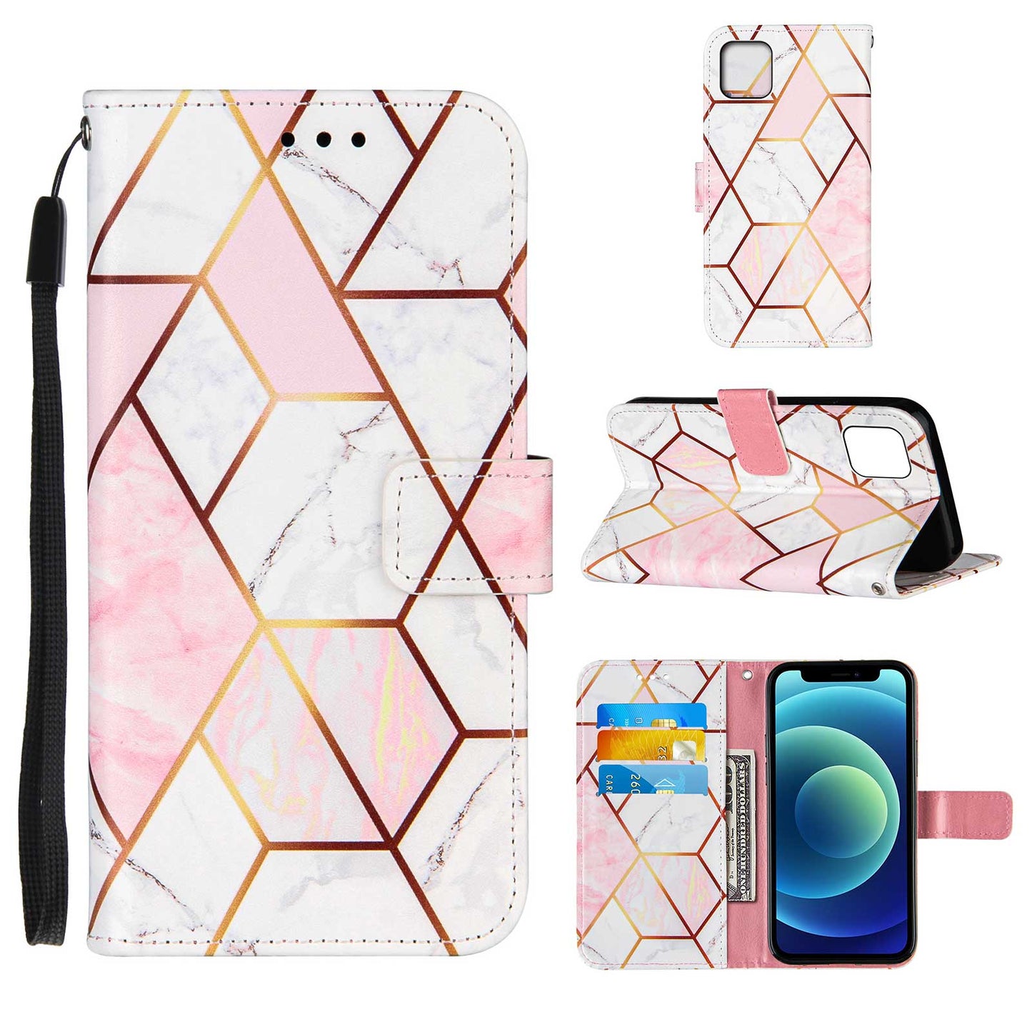 PU Leather Wallet Splicing Marble Pattern Case Flip Cover with Magnetic Wrist Strap for iPhone 13 Pro 6.1 inch