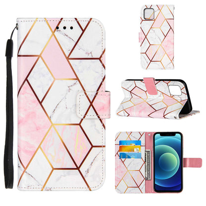 PU Leather Wallet Splicing Marble Pattern Case Flip Cover with Magnetic Wrist Strap for iPhone 13 Pro 6.1 inch