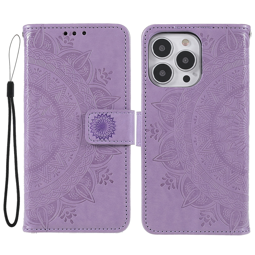 Mandala Totem Pattern Imprinted PU Leather Wallet Magnetic Flip Cover with Hand Strap for iPhone 13 Pro 6.1 inch