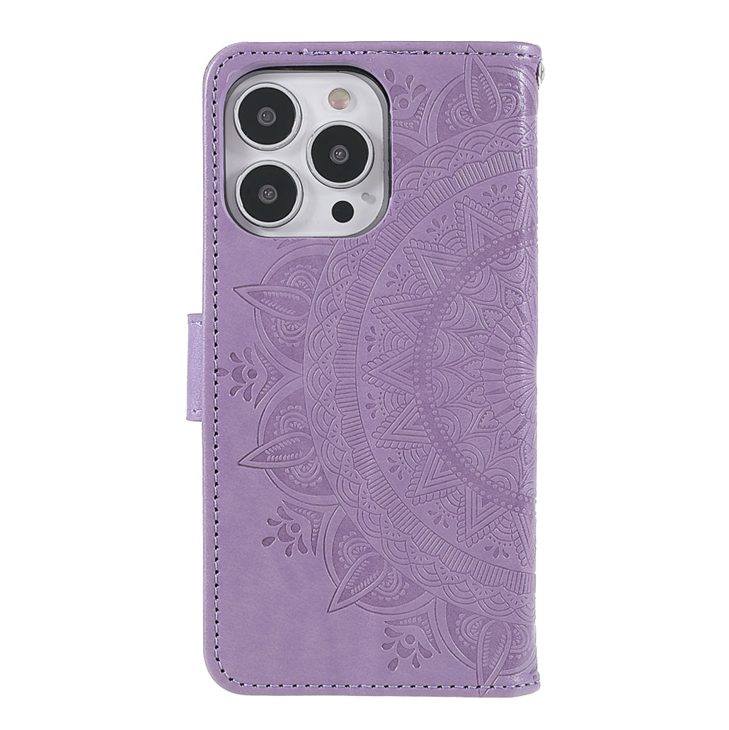 Mandala Totem Pattern Imprinted PU Leather Wallet Magnetic Flip Cover with Hand Strap for iPhone 13 Pro 6.1 inch