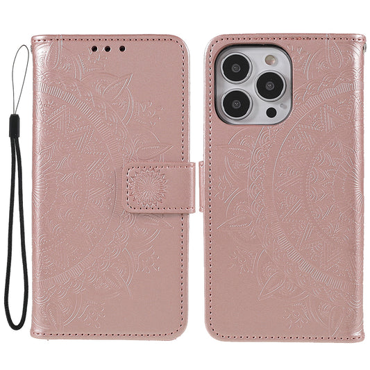 Mandala Totem Pattern Imprinted PU Leather Wallet Magnetic Flip Cover with Hand Strap for iPhone 13 Pro 6.1 inch