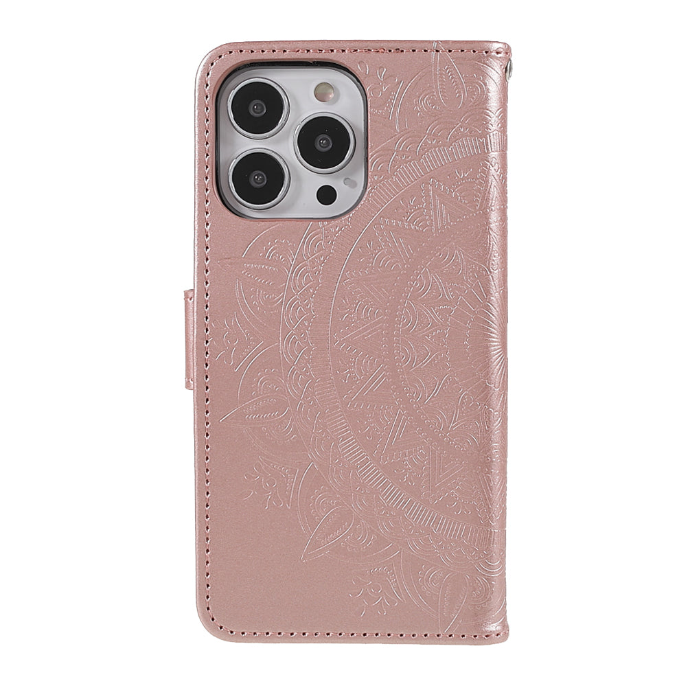 Mandala Totem Pattern Imprinted PU Leather Wallet Magnetic Flip Cover with Hand Strap for iPhone 13 Pro 6.1 inch