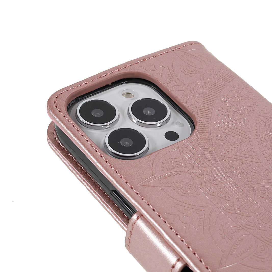 Mandala Totem Pattern Imprinted PU Leather Wallet Magnetic Flip Cover with Hand Strap for iPhone 13 Pro 6.1 inch