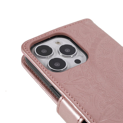 Mandala Totem Pattern Imprinted PU Leather Wallet Magnetic Flip Cover with Hand Strap for iPhone 13 Pro 6.1 inch