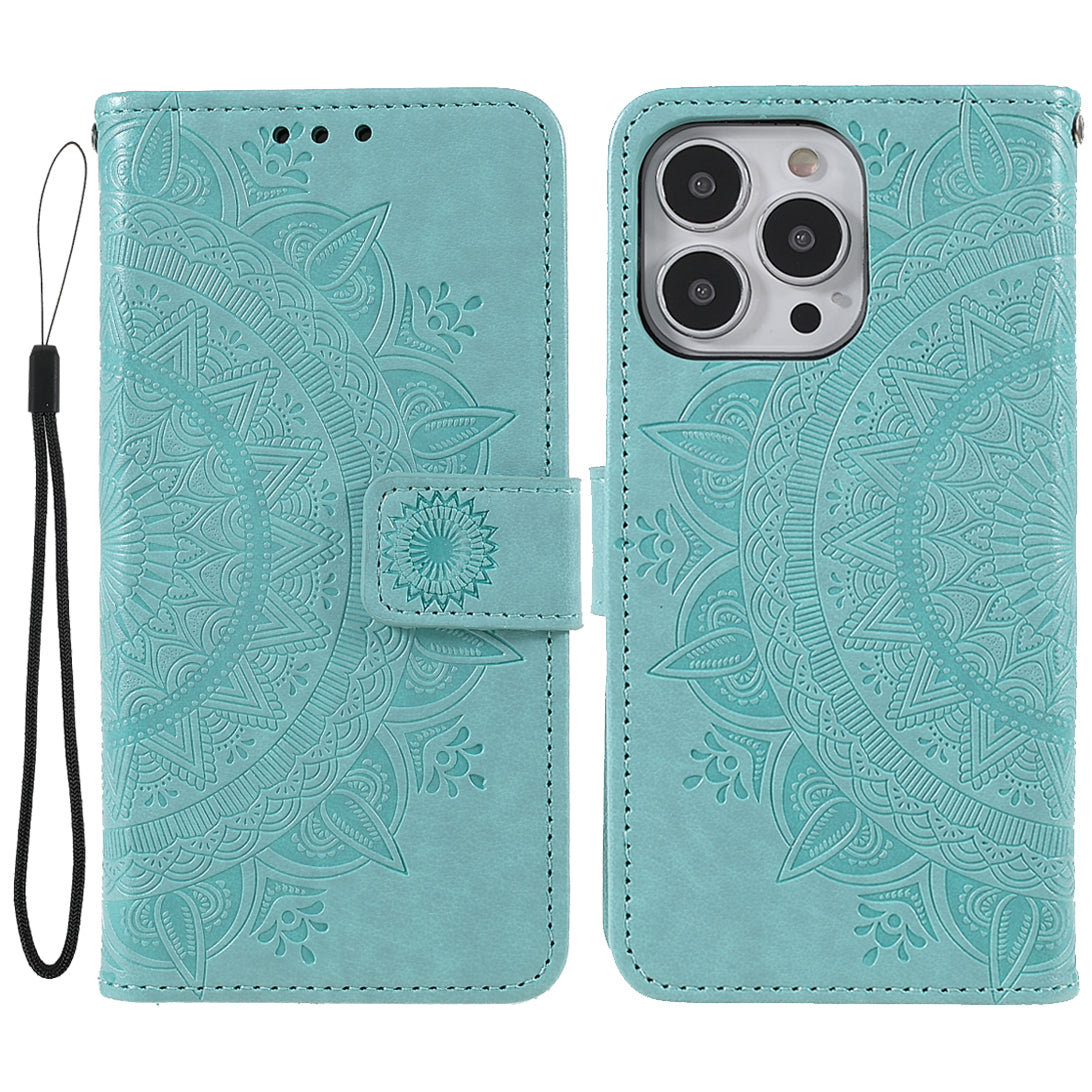 Mandala Totem Pattern Imprinted PU Leather Wallet Magnetic Flip Cover with Hand Strap for iPhone 13 Pro 6.1 inch