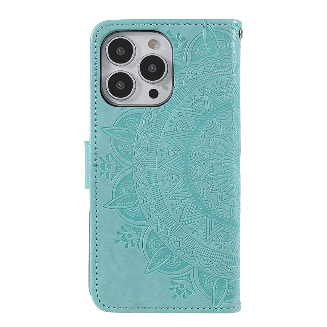Mandala Totem Pattern Imprinted PU Leather Wallet Magnetic Flip Cover with Hand Strap for iPhone 13 Pro 6.1 inch