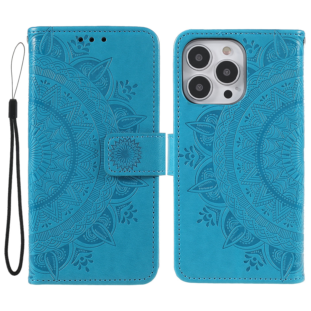 Mandala Totem Pattern Imprinted PU Leather Wallet Magnetic Flip Cover with Hand Strap for iPhone 13 Pro 6.1 inch