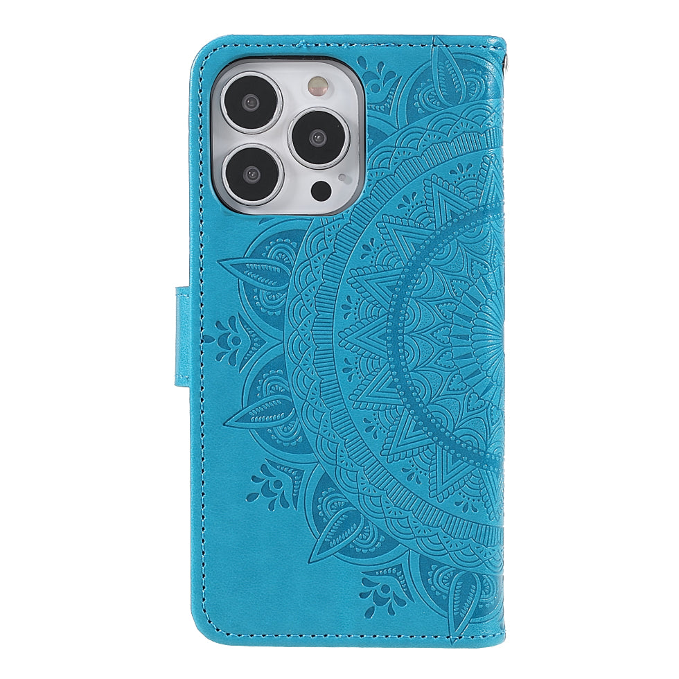 Mandala Totem Pattern Imprinted PU Leather Wallet Magnetic Flip Cover with Hand Strap for iPhone 13 Pro 6.1 inch