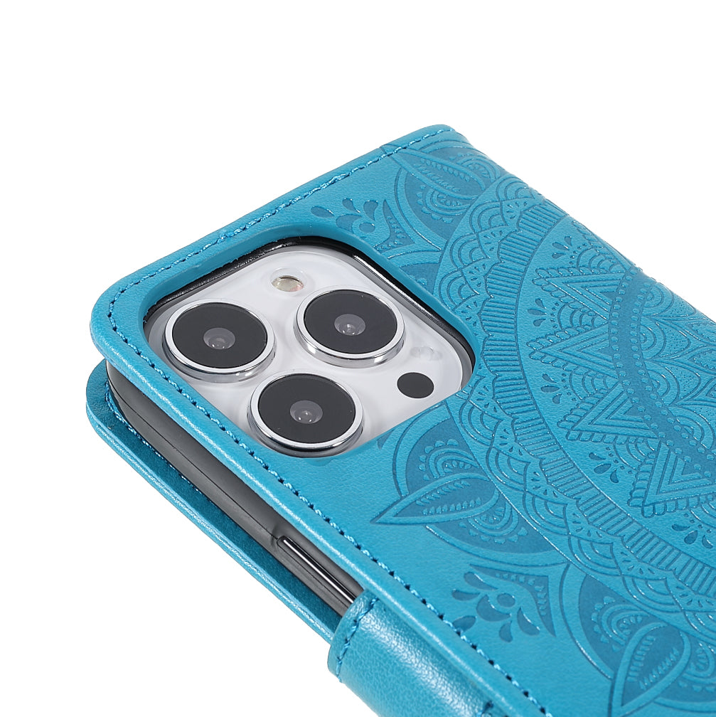 Mandala Totem Pattern Imprinted PU Leather Wallet Magnetic Flip Cover with Hand Strap for iPhone 13 Pro 6.1 inch