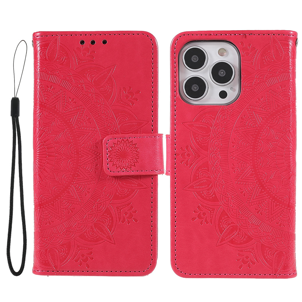 Mandala Totem Pattern Imprinted PU Leather Wallet Magnetic Flip Cover with Hand Strap for iPhone 13 Pro 6.1 inch