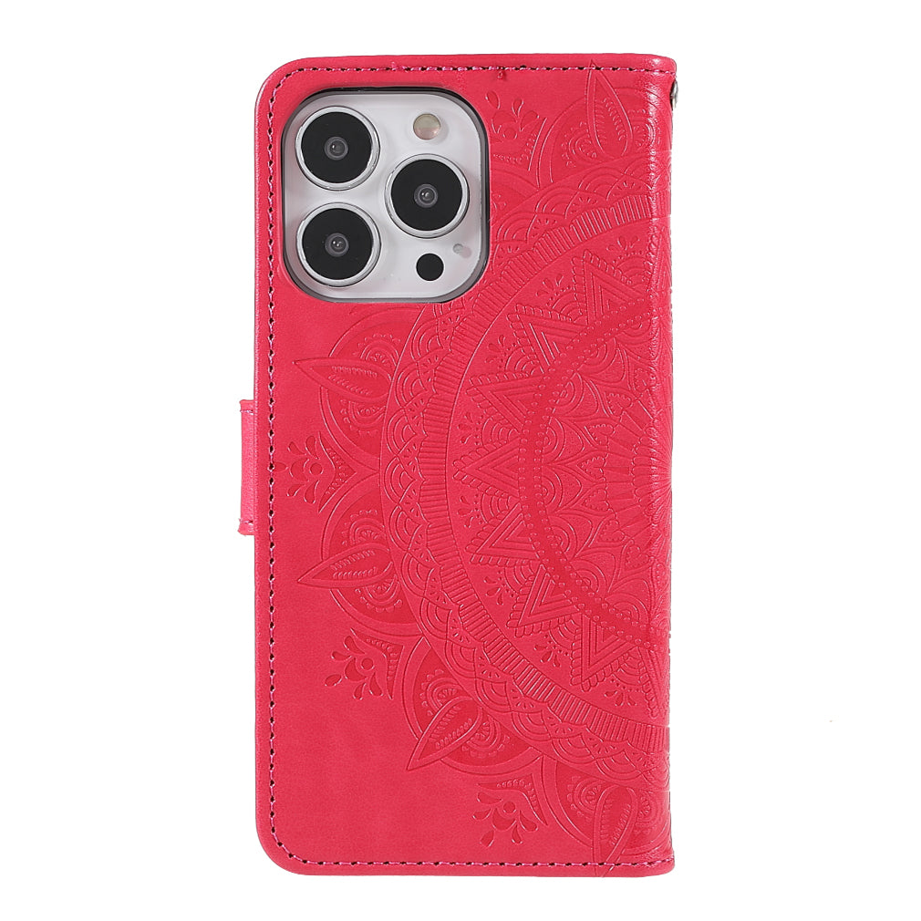 Mandala Totem Pattern Imprinted PU Leather Wallet Magnetic Flip Cover with Hand Strap for iPhone 13 Pro 6.1 inch