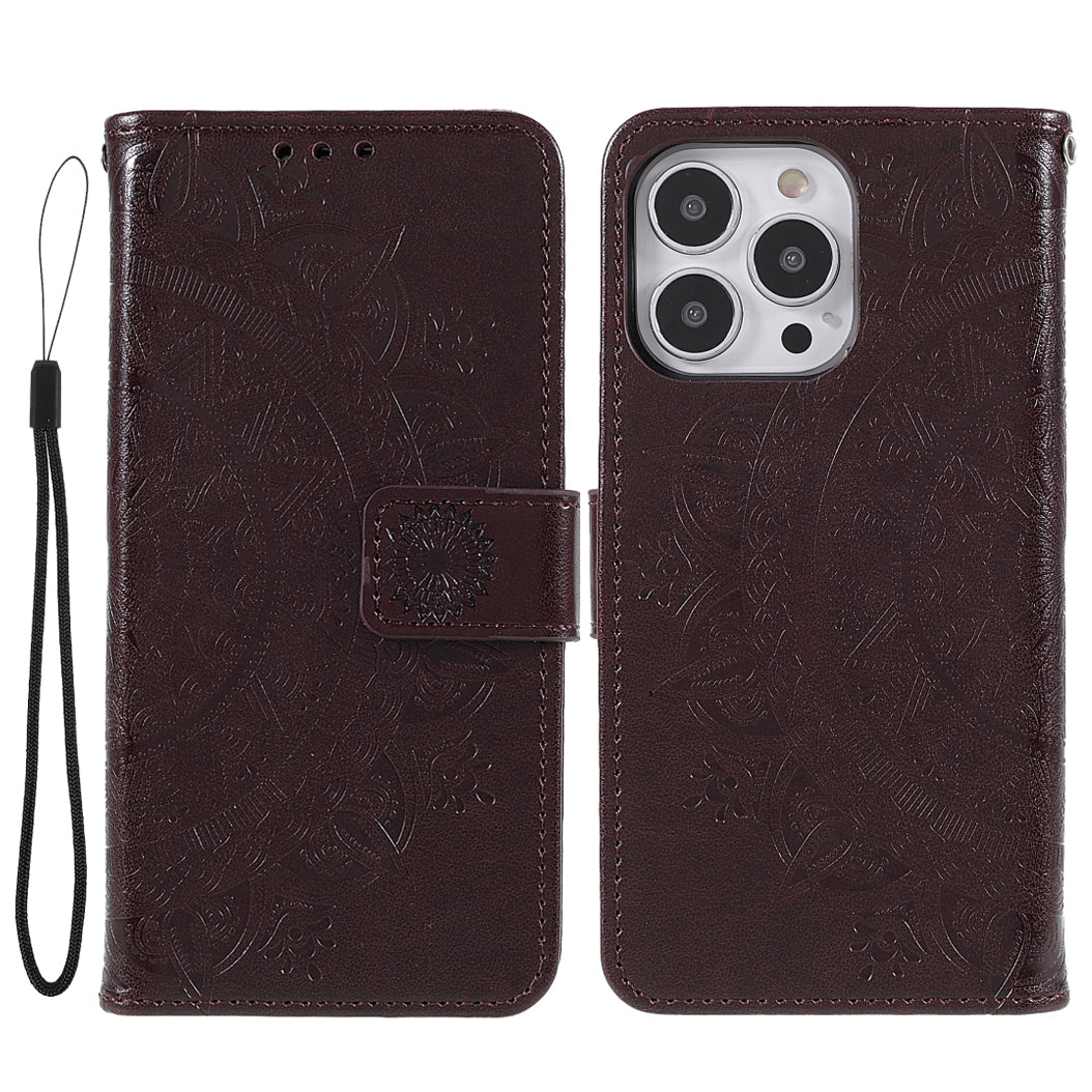 Mandala Totem Pattern Imprinted PU Leather Wallet Magnetic Flip Cover with Hand Strap for iPhone 13 Pro 6.1 inch