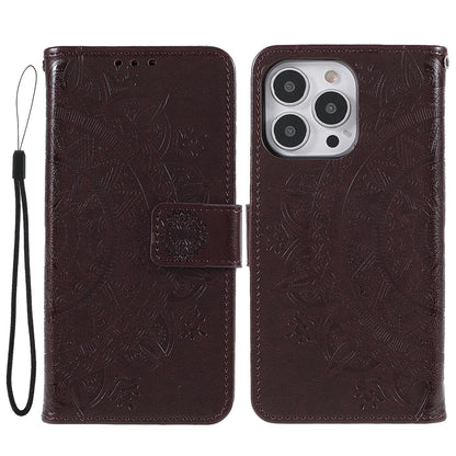 Mandala Totem Pattern Imprinted PU Leather Wallet Magnetic Flip Cover with Hand Strap for iPhone 13 Pro 6.1 inch