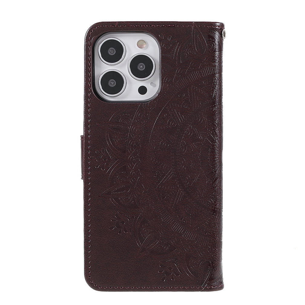 Mandala Totem Pattern Imprinted PU Leather Wallet Magnetic Flip Cover with Hand Strap for iPhone 13 Pro 6.1 inch