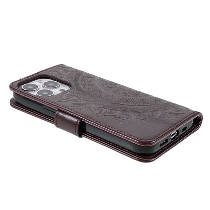 Mandala Totem Pattern Imprinted PU Leather Wallet Magnetic Flip Cover with Hand Strap for iPhone 13 Pro 6.1 inch