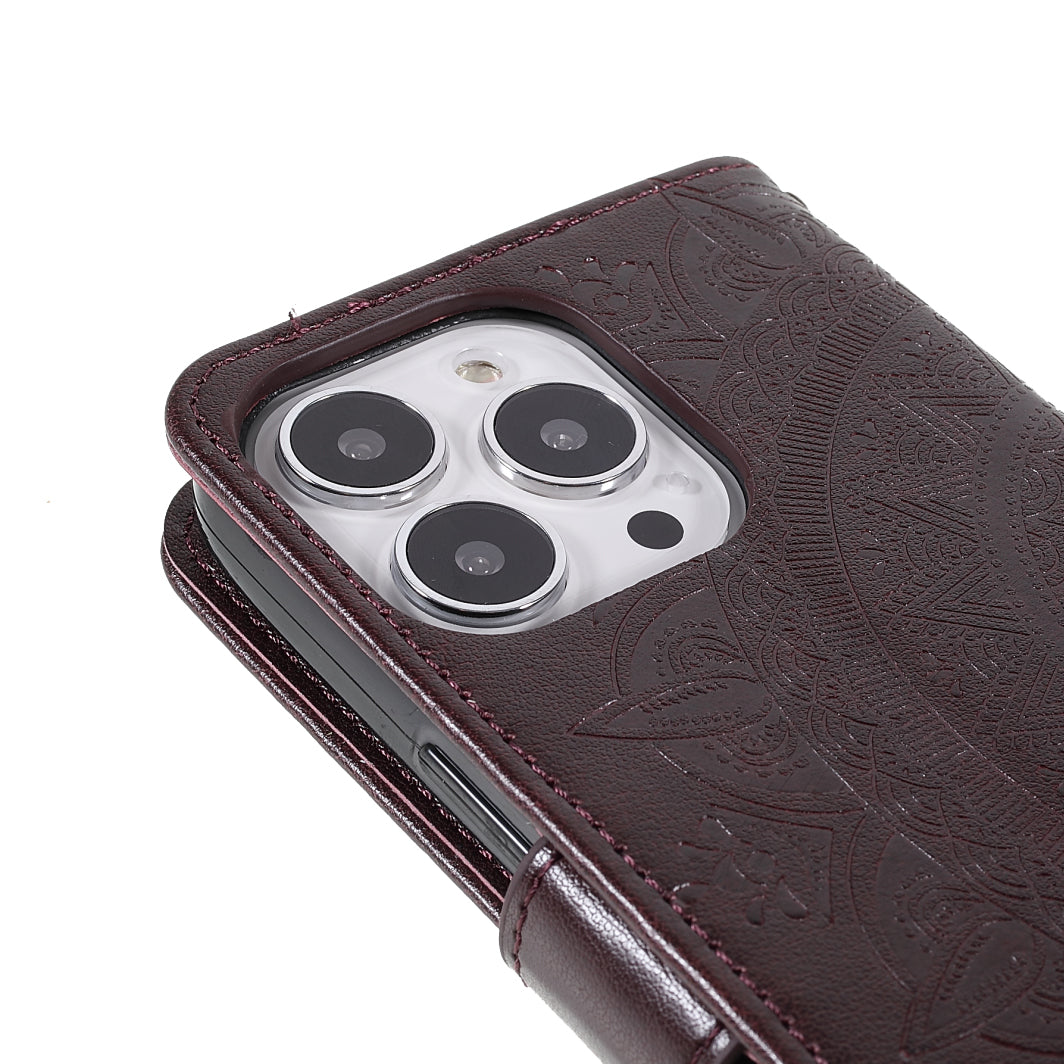 Mandala Totem Pattern Imprinted PU Leather Wallet Magnetic Flip Cover with Hand Strap for iPhone 13 Pro 6.1 inch