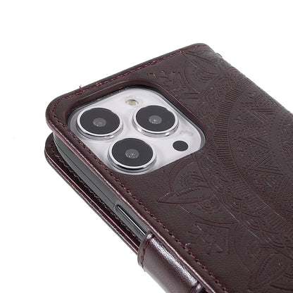 Mandala Totem Pattern Imprinted PU Leather Wallet Magnetic Flip Cover with Hand Strap for iPhone 13 Pro 6.1 inch
