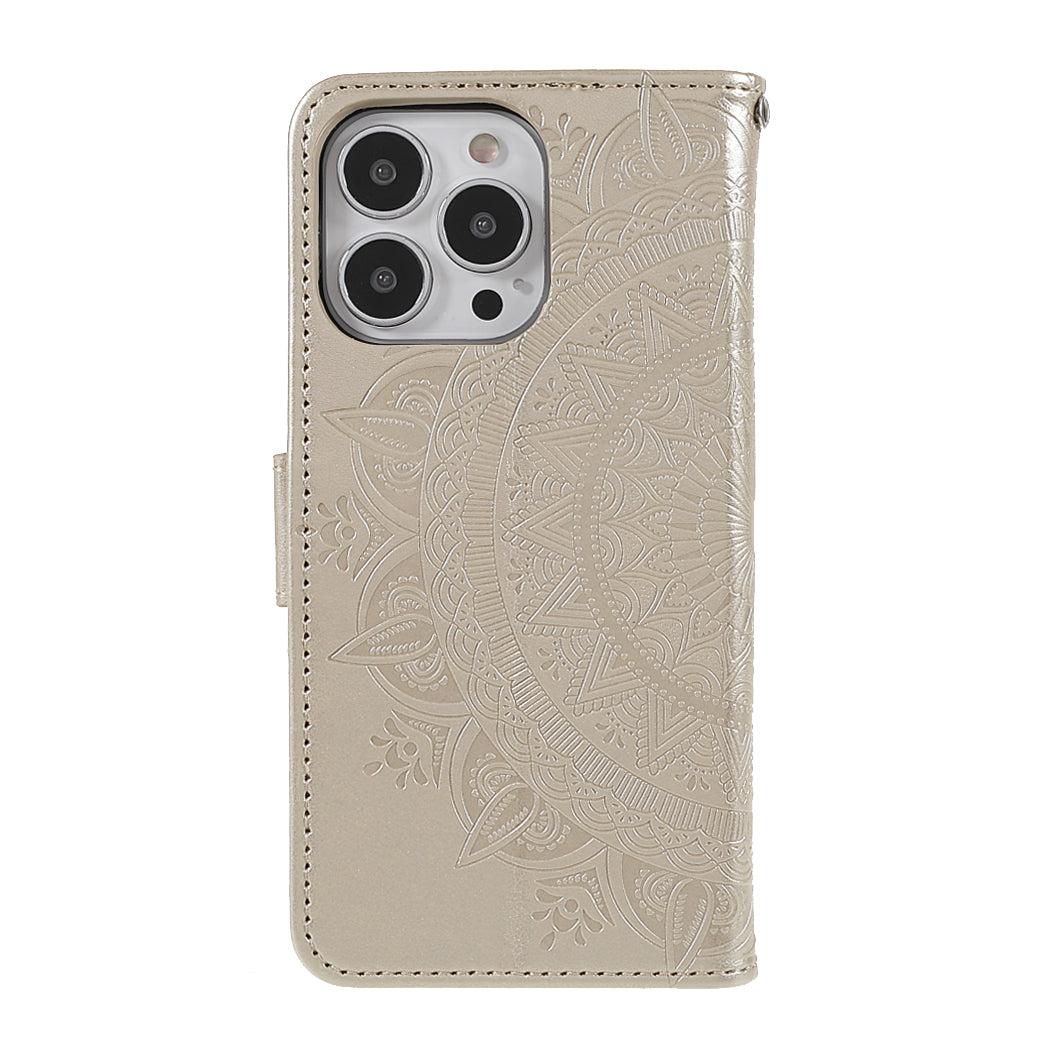 Mandala Totem Pattern Imprinted PU Leather Wallet Magnetic Flip Cover with Hand Strap for iPhone 13 Pro 6.1 inch