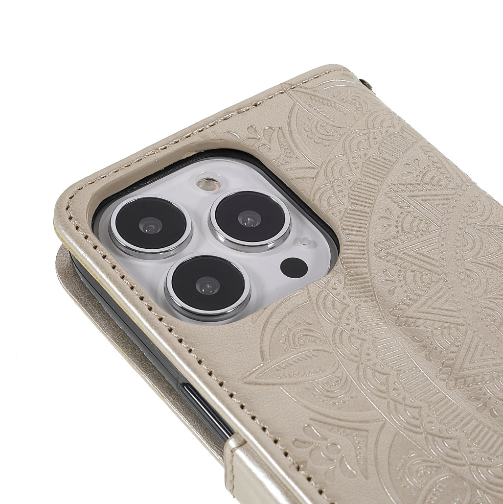 Mandala Totem Pattern Imprinted PU Leather Wallet Magnetic Flip Cover with Hand Strap for iPhone 13 Pro 6.1 inch