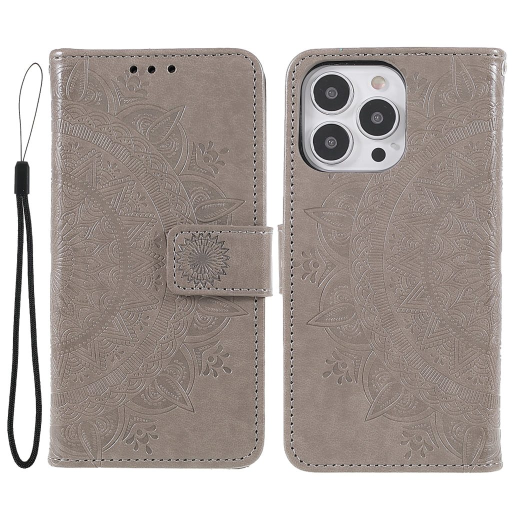 Anti-Scratch Imprinted Mandala Totem Pattern Leather Wallet Flip Protective Case Cover with Strap for iPhone 13 Pro Max 6.7 inch