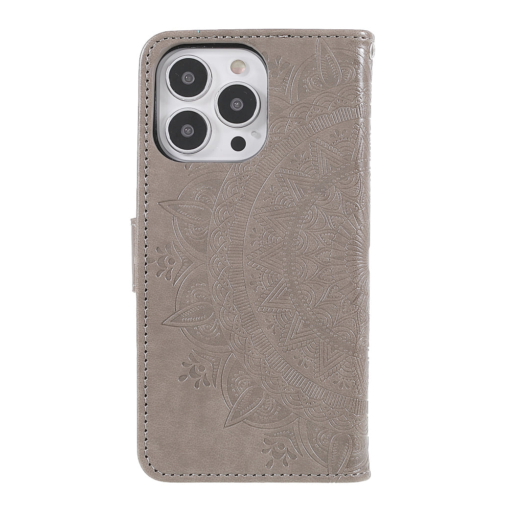 Anti-Scratch Imprinted Mandala Totem Pattern Leather Wallet Flip Protective Case Cover with Strap for iPhone 13 Pro Max 6.7 inch