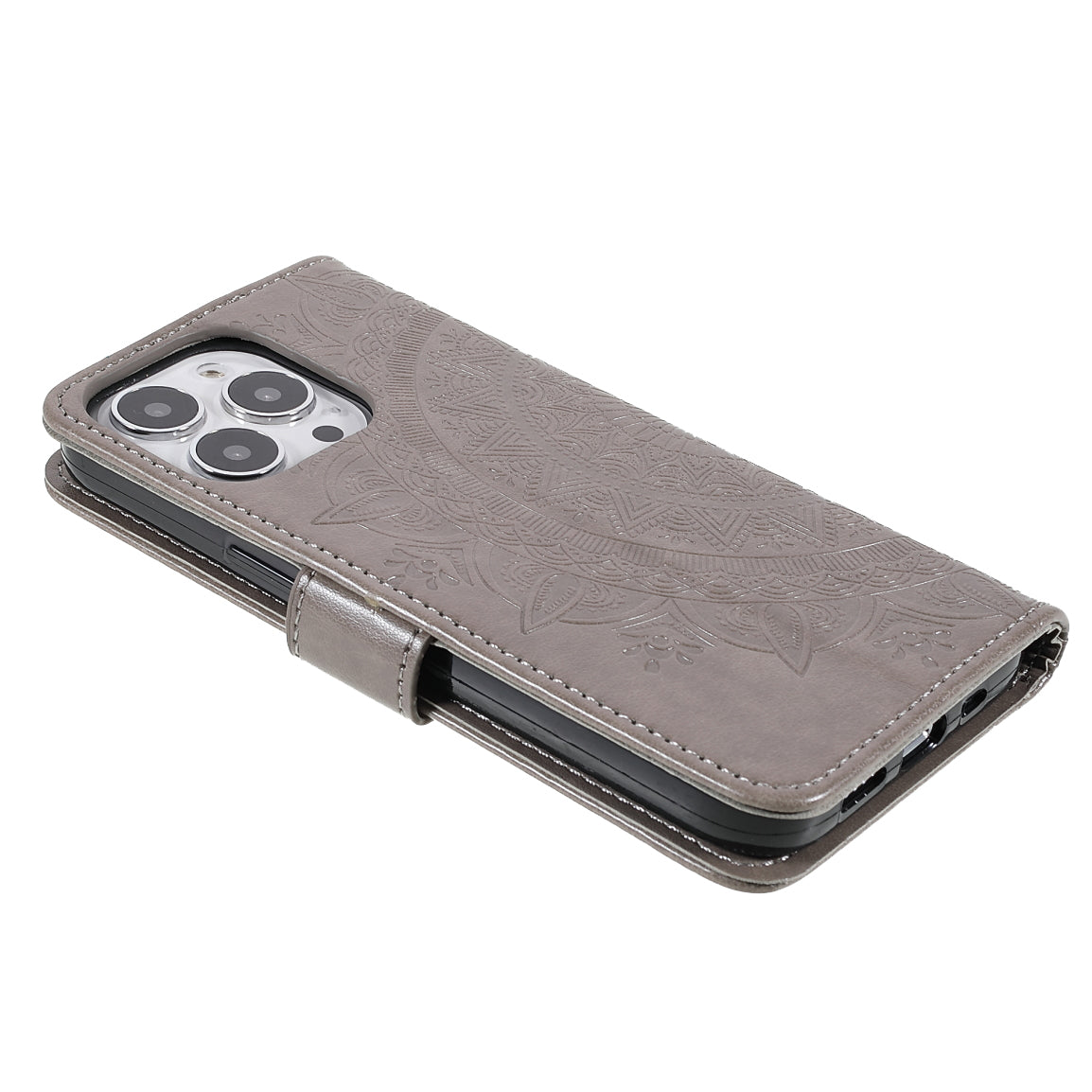 Anti-Scratch Imprinted Mandala Totem Pattern Leather Wallet Flip Protective Case Cover with Strap for iPhone 13 Pro Max 6.7 inch